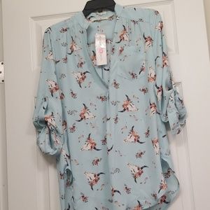 NWT Floral Bull cow skull arrow blouse top